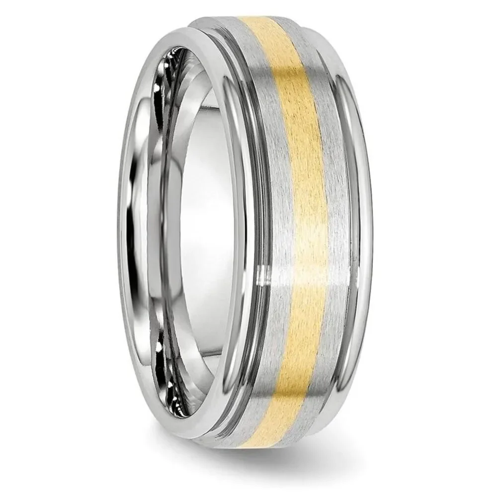 8mm Cobalt & 14K Gold Inlay Satin/Polished Grooved Ridged Band Sz 10